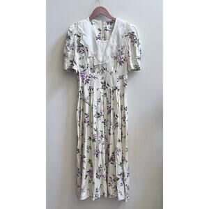 LISA II Dress 8 Prairie Cottagecore Floral Lace Collar‎ Pleated Purple USA VTG